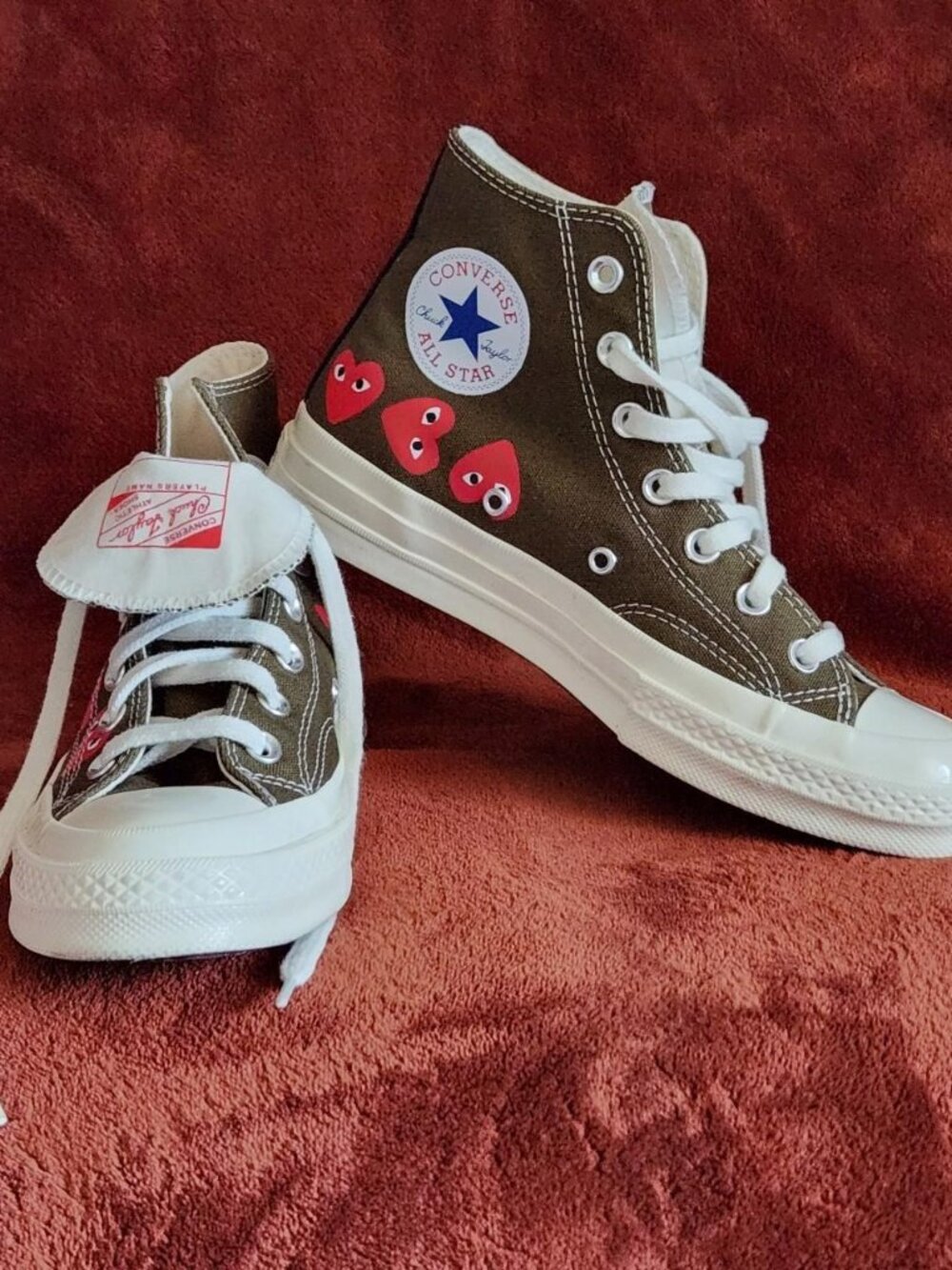 Converse x CDG Multi Heart high top in Khaki green. Size 7.